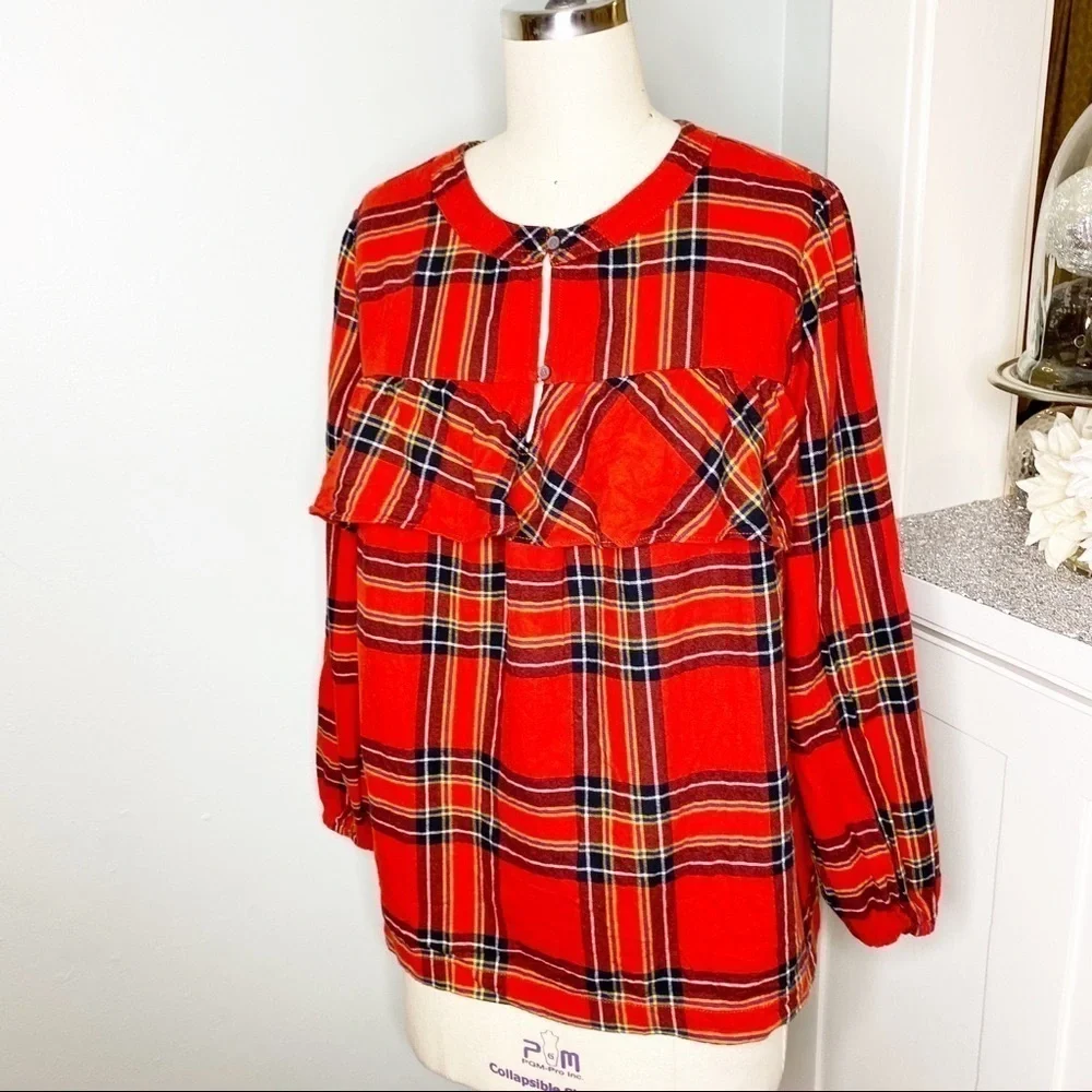J. Crew Plaid Ruffled Top in Festival Red Small - Picture 6 of 12